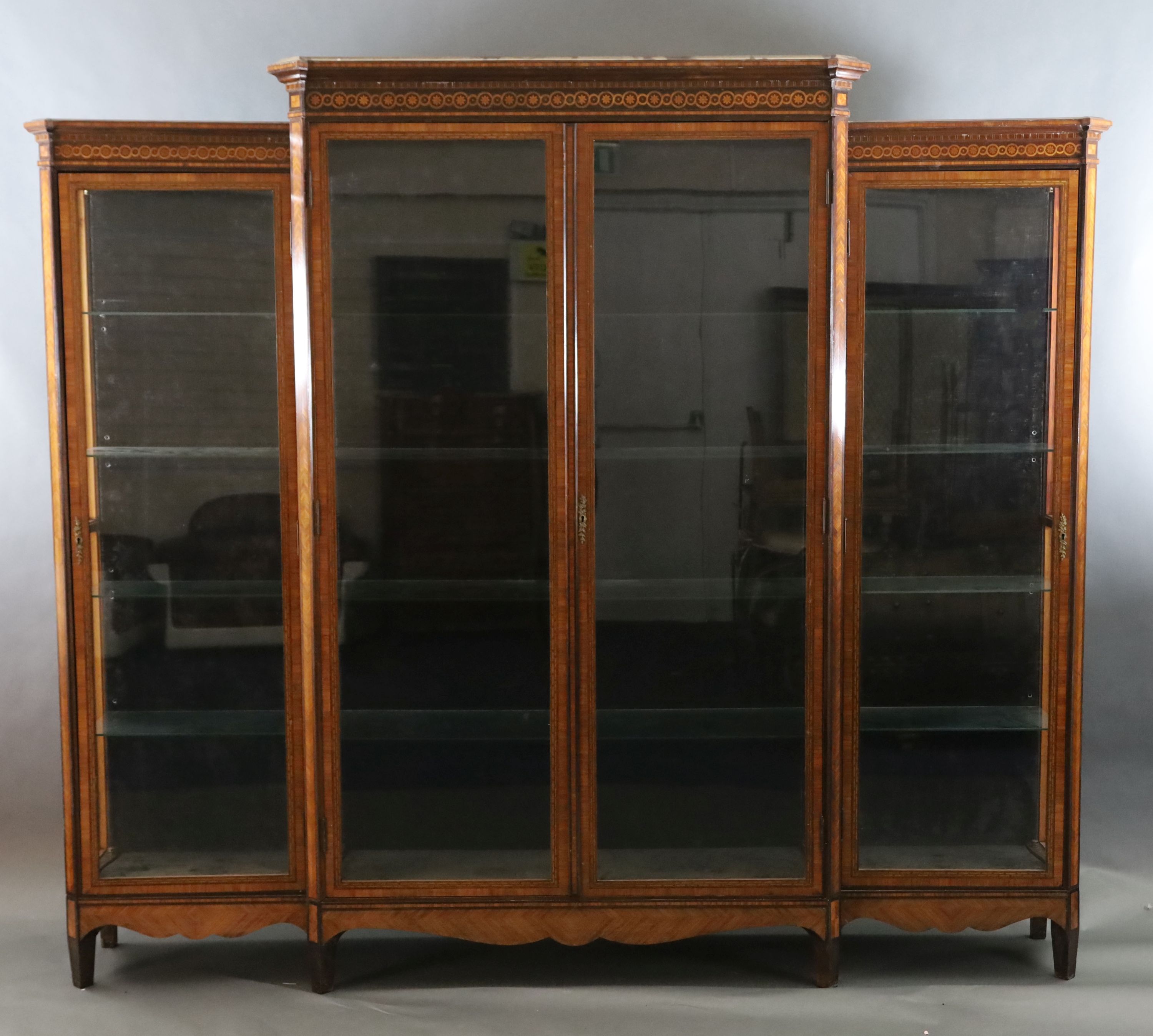 A large 19th century French Louis Philippe period kingwood and marquetry vitrine, W.8ft 4in. D.1ft 5in. H.7ft 4in.